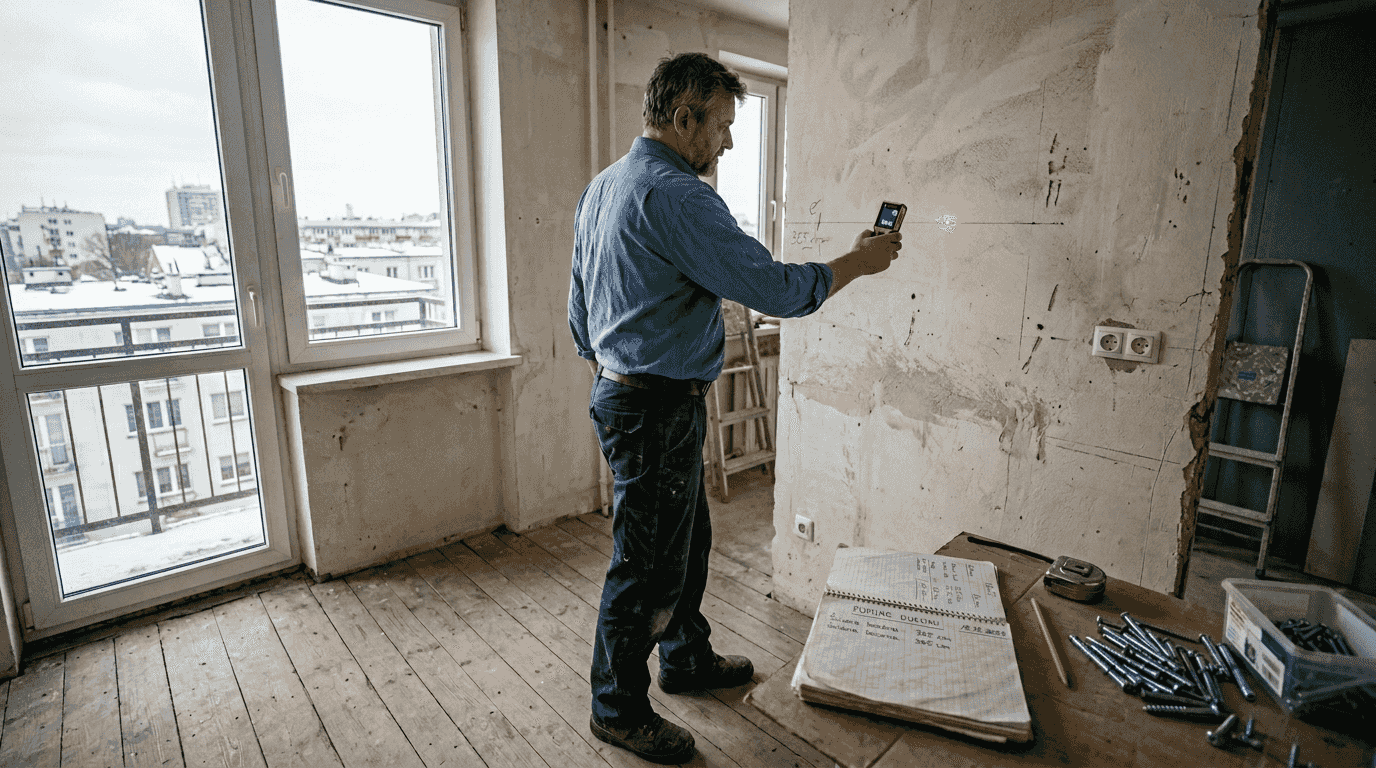 Mężczyzna dokonuje pomiarów kuchni, by zamówić meble idealnie dopasowane do wnętrza.