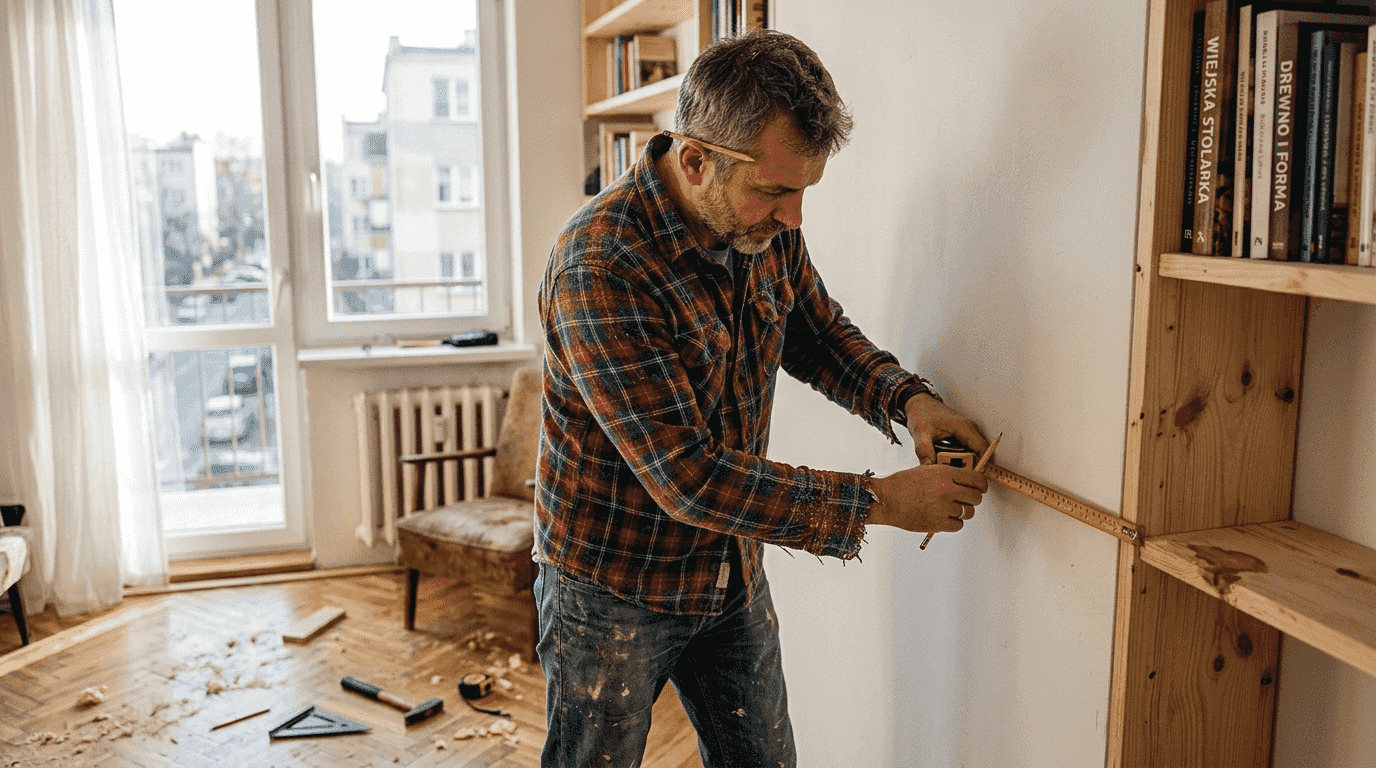 Stolarz precyzyjnie dokonuje pomiarów, przygotowując regał na książki na wymiar w mieszkaniu klienta.