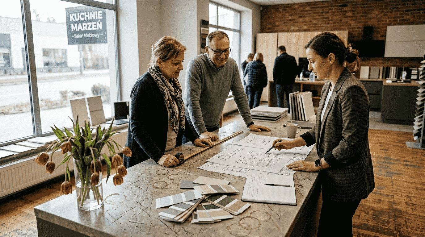 Para wspólnie z projektantem omawia szczegóły wymarzonej, indywidualnie zaprojektowanej kuchni.