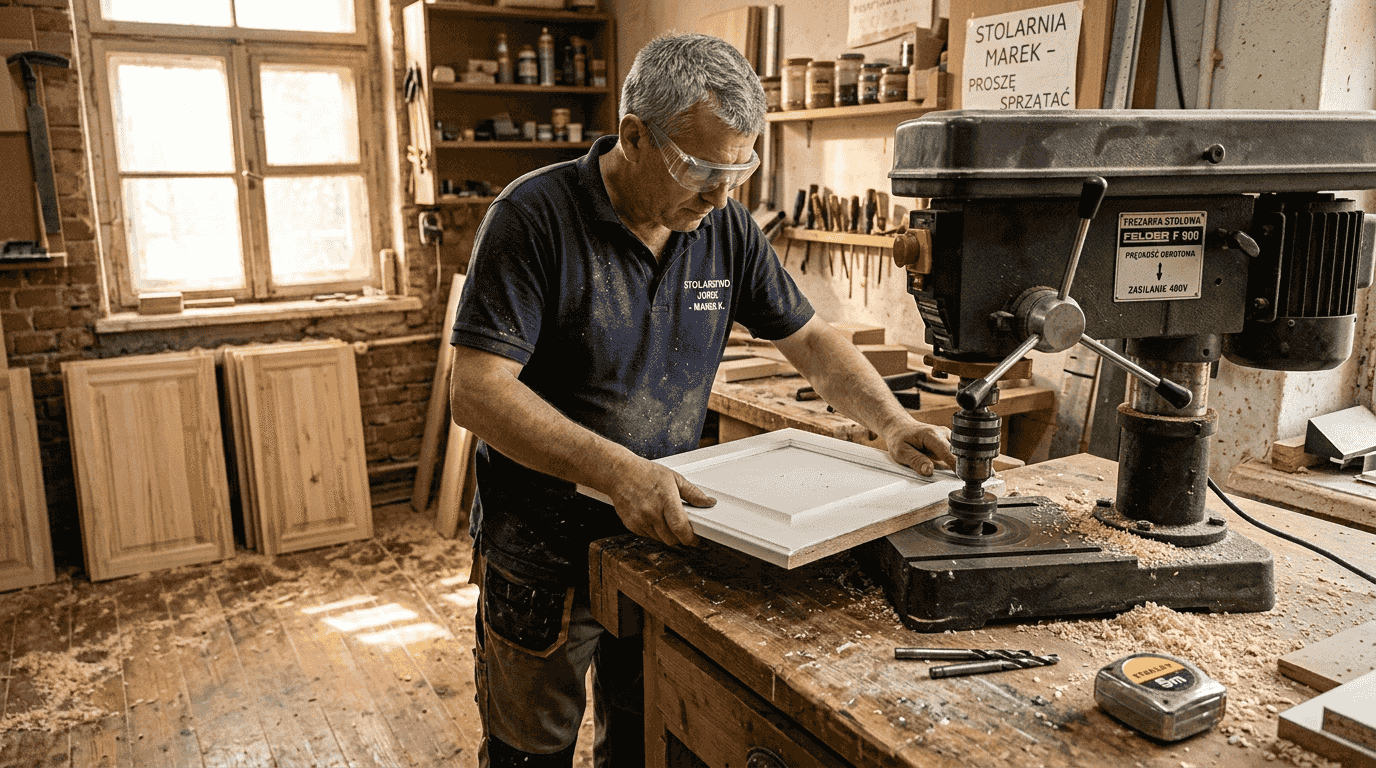Stolarz precyzyjnie obrabia front szafki kuchennej w swoim warsztacie.