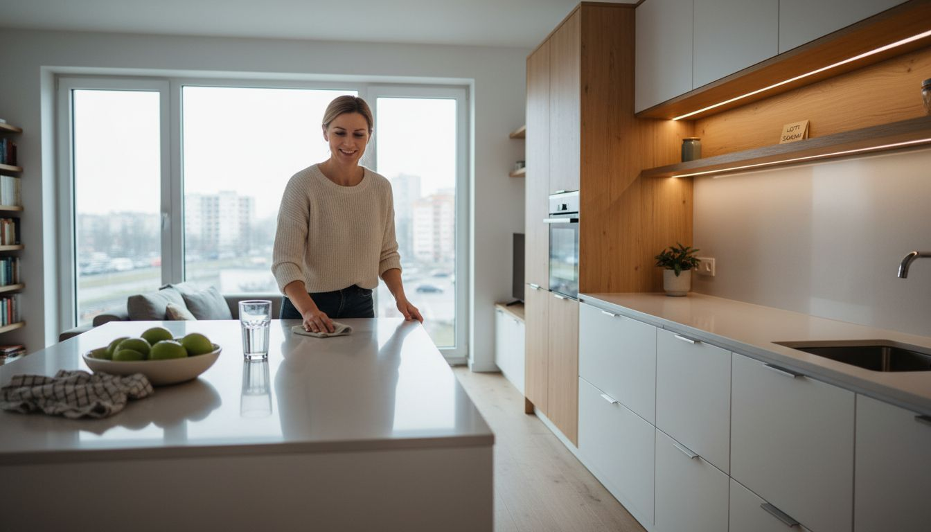 Kobieta sprząta nowoczesną, stylowo urządzoną kuchnię.