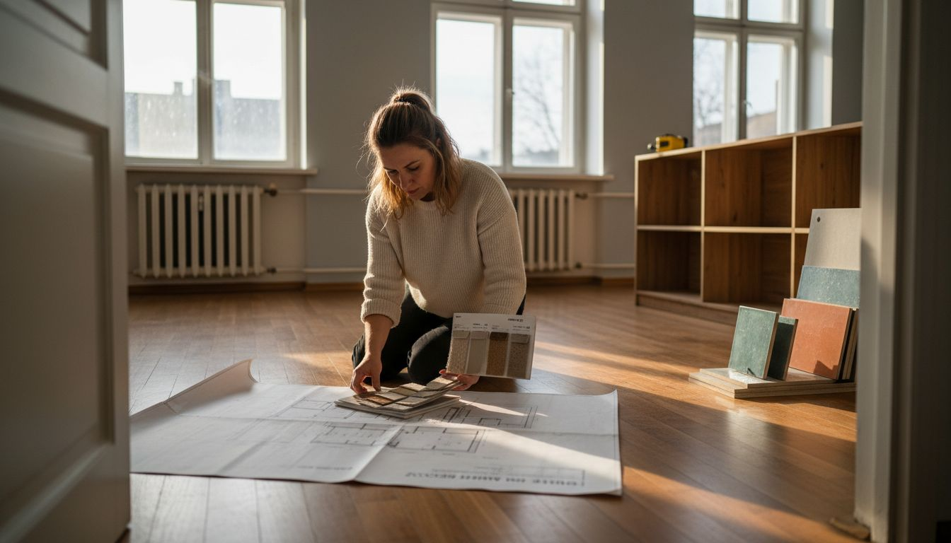 Projektant przegląda plany mieszkania w bydgoskim apartamencie.