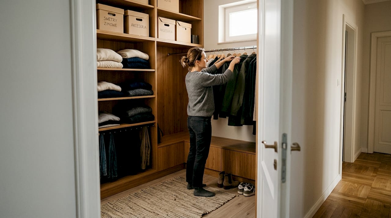 Kobieta porządkuje przestronną garderobę w swoim domu