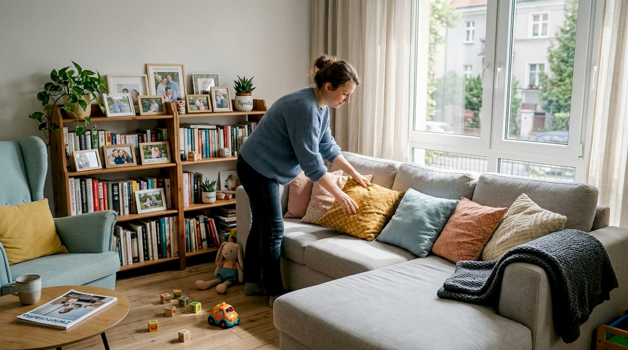 Kobieta układa kolorowe poduszki na kanapie w salonie, dbając o przytulny wystrój wnętrza.