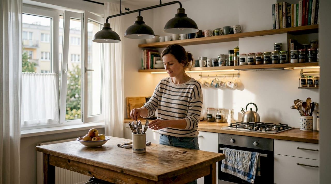 Przykładowa, codzienna kuchnia z przemyślanym, wielopoziomowym oświetleniem