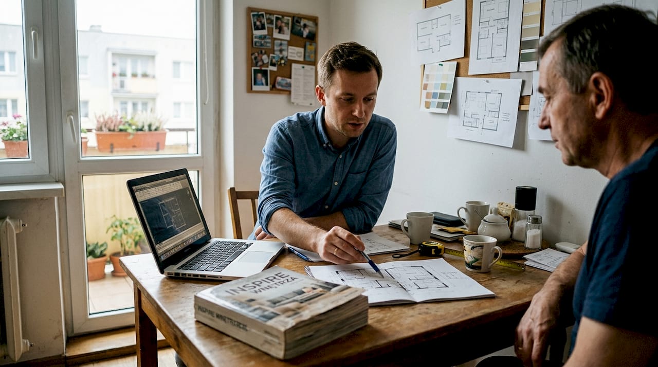 Projektant spotyka się z klientem, by szczegółowo omówić zamówienie na meble i ustalić wszystkie oczekiwania.